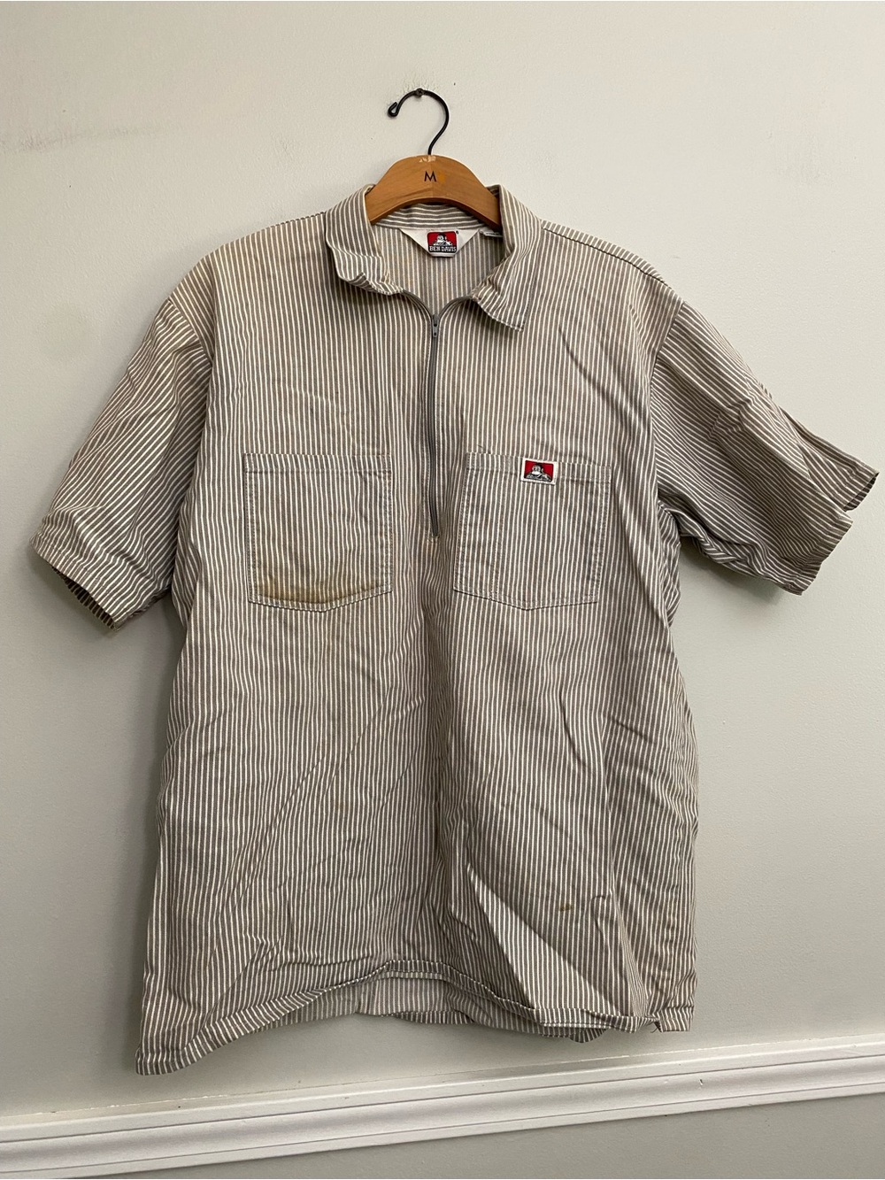 Vintage Ben Davis Grey White Striped Quarter Zip Work Shirt - L
